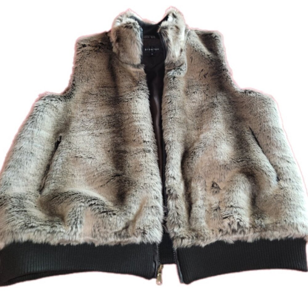 Braetan Reversible Faux Fur Vest Sz M Taupe / Black Zip Front - Picture 2 of 5